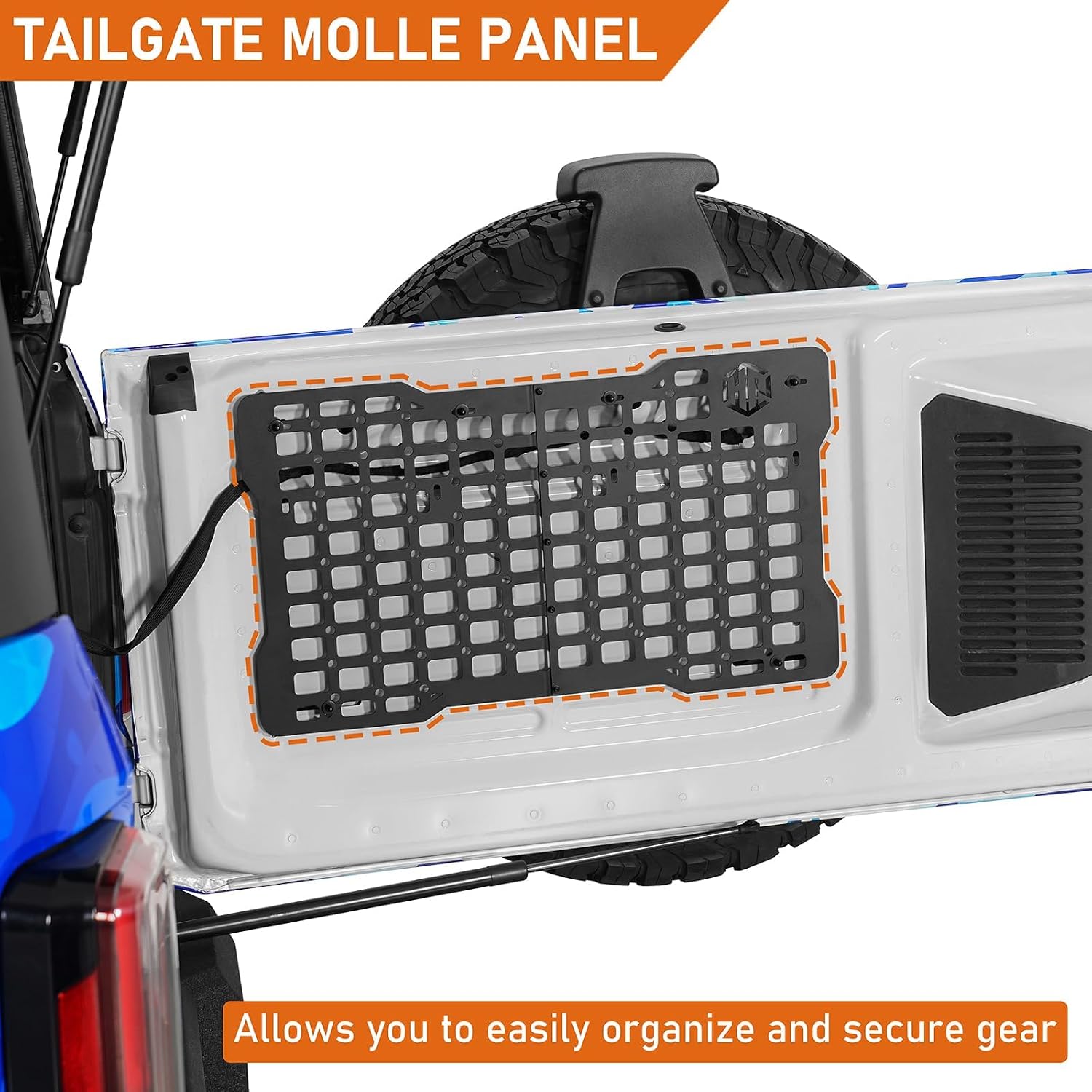 Hooke Road Bronco Tailgate MOLLE Panel Rear Door Storage Pocket w/2 MOLLE Pouches Bags for 2021-2026 Ford Bronco (Exclude Bronco Sport), Steel Cargo Rack Interior Accessories