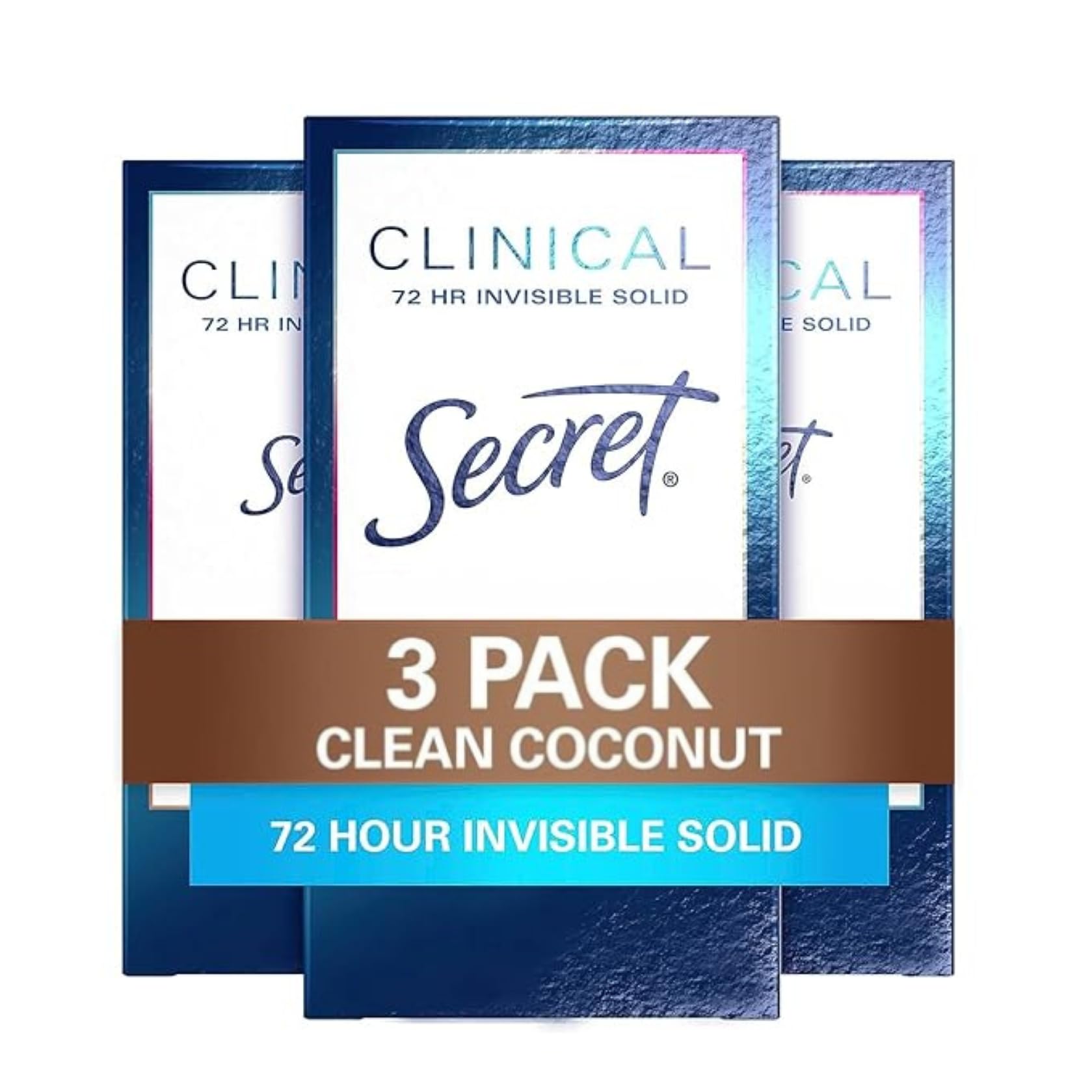 Secret Clinical Strength Antiperspirant Deodorant for Women, 3X Stress Protection, 72hr Sweat & Odor Protection, PH Balancing Minerals, Invisible Solid, Clean Coconut Scent, 1.6 oz (Pack of 3)