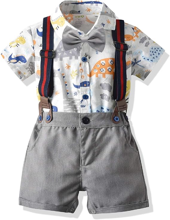 LuLuAn Toddler Baby Boys Suspender Shorts Suit Cartoon Print Bow Tie