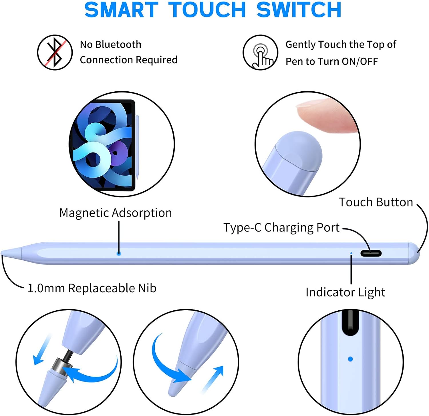 Active Stylus Pen for Android/iOS Touch Screens, NTHJOYS Stylus Pens with Magnetic Design Fine Point Stylist Pencil Compatible with Apple iPad/Pro/Air/Mini/iPhone/Tablets Writing & Drawing