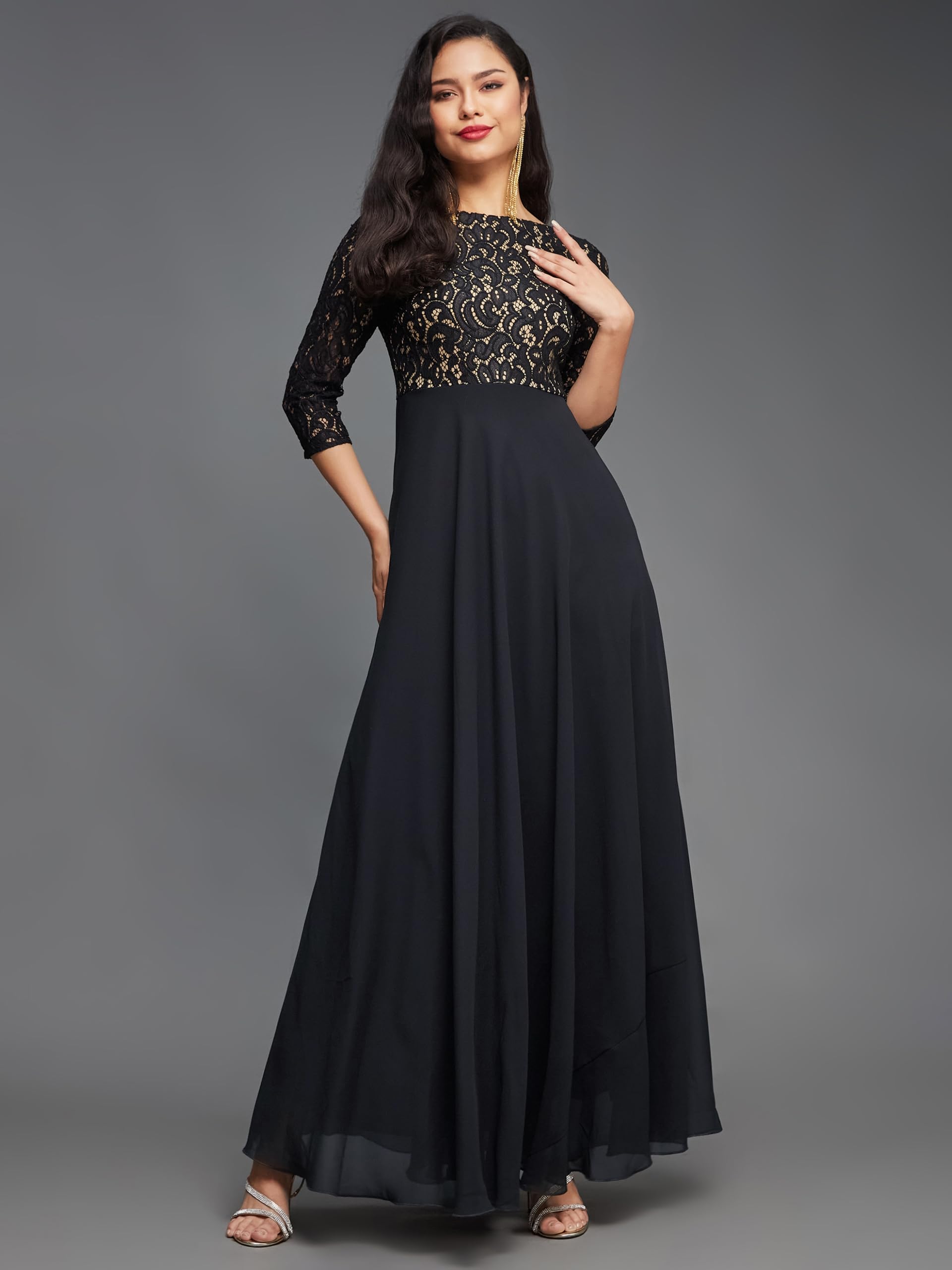 Miss Chase Women's Self Design Boat Neck 3/4 Sleeves Side Pocketed Georgette Fit And Flare Maxi Length Dress (Mcss23D16-39-62-06, Black, Xl)