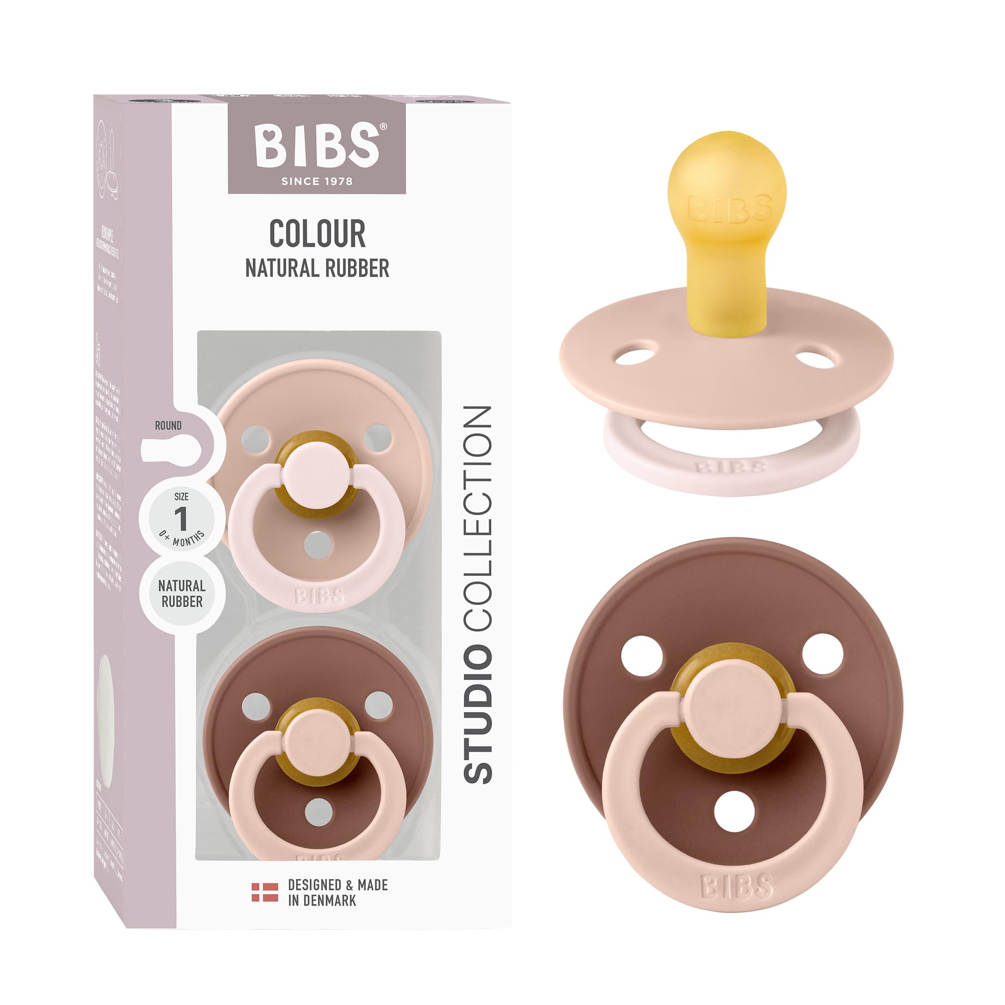BIBS Colour Studio Schnuller 2er-Pack, BPA-frei, Kirschform Nippel. Naturkautschuk/Latex, Hergestellt in Dänemark, Größe 1 (0-6 Monate) - Blush/Woodchuck