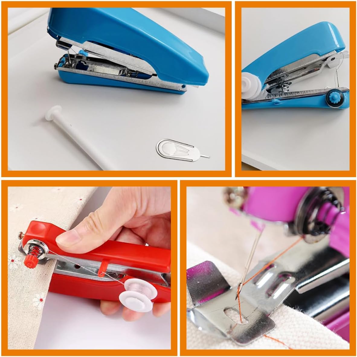 FUOYLOO Mini Handheld Sewing Machine Portable Mending Tool Kit for Home and Travel, 4 Colors (blue, White, Red, Pink) Compact Manual Sewing Device for DIY Clothes Repairs and Crafts