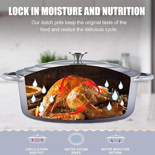 Miniatura 3 de Horno holandés ovalado de hierro fundido esmaltado, olla holandesa ovalada esmaltada de 7 cuartos de galón con tapa y asas dobles para estofar, para