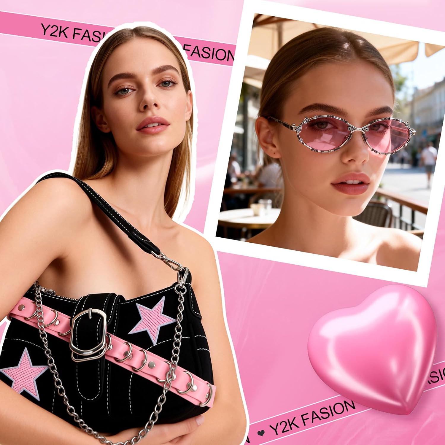 Y2K Bag Jewelry & Accessory Set, Vintage Buckle Handbag with Y2K Accessories, Retro 2000s Punk Hobo Bag Set for Women - Image 4