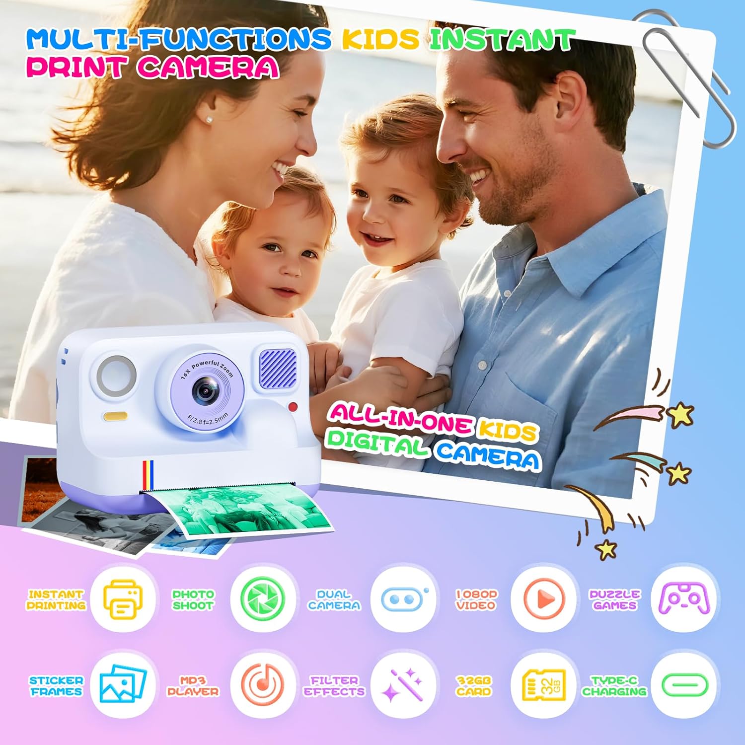 Instant Print Camera for Kids, Christmas Birthday Gifts for Girls Boys Age 3-15, 1080P Selfie Portable Digital Video Camera with 32GB SD Card, 3-Colored Print Paper- Purple