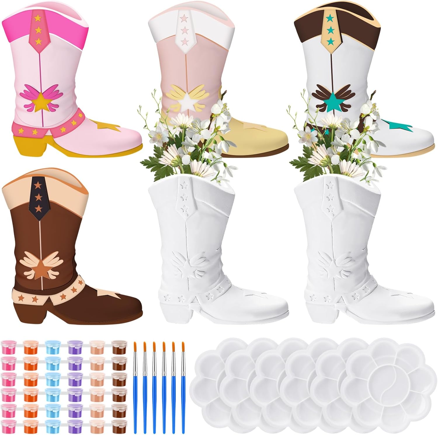 Affrolling 6 Set Cowboy Boot Vase Ceramics to Paint Ready to Paint Your Own Ceramic Cowgirl Hat Vase DIY Unpainted Plaster Paintable Kit Crafts with Brush Palette for Adults(Cowgirl Boots)