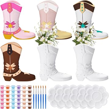 Affrolling 6 Set Cowboy Boot Vase Ceramics to Paint Ready to Paint Your Own Ceramic Cowgirl Hat Vase DIY Unpainted Plaster Paintable Kit Crafts with Brush Palette for AdultsWestern Boots