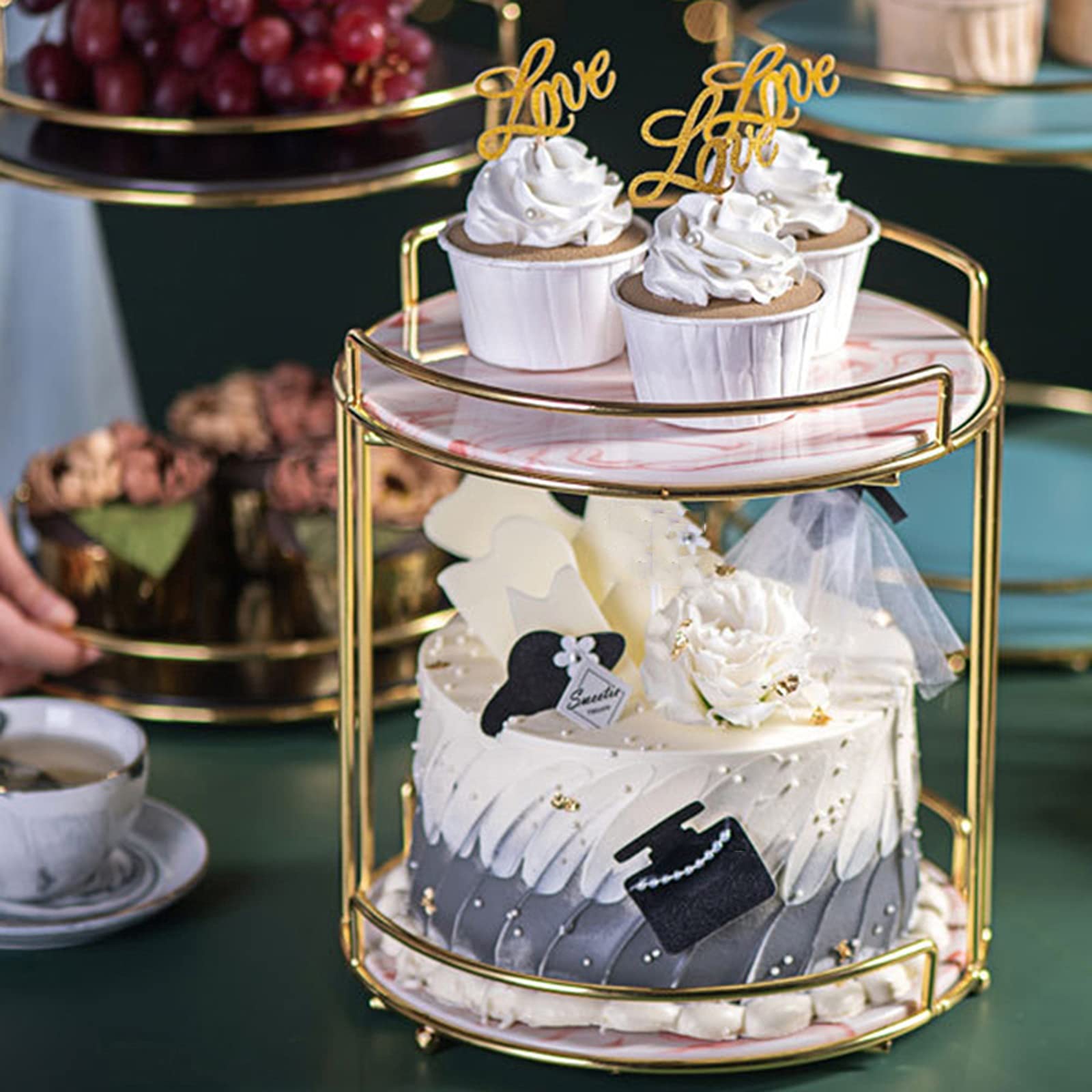 Bandejas para Tartas Mesa de postre de cerámica de soporte de doble capa con soporte de metal Multiuso Magdalena Pantalla Pastel de boda Pastelería Sirviendo bandeja Soporte para Cupcakes