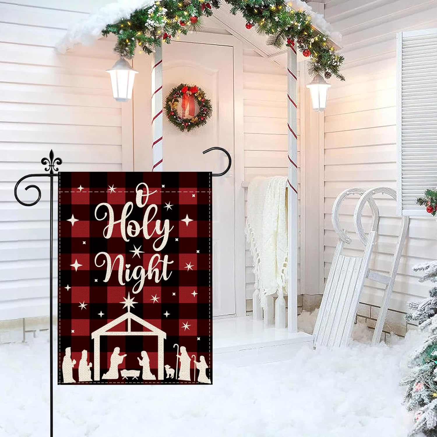 Christmas Garden Flag O Holy Night Jesus Nativity Buffalo Plaid Garden Flags 12×18 Inch Double Sided Vertical Burlap Yard Flag Xmas Jesus Christian Winter Holiday Party Yard Outdoor Decorations - Image 3