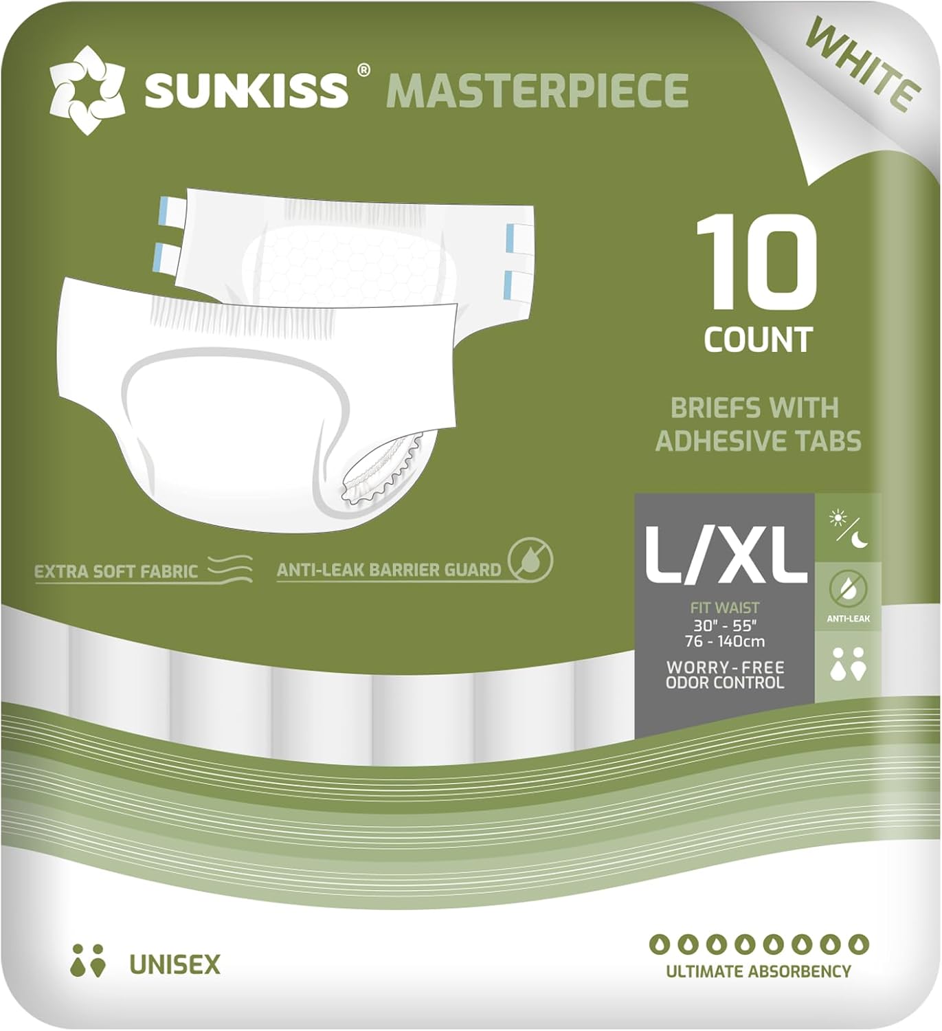 SUNKISS Masterpiece Adult Diapers with Tabs, Unisex Disposable Incontinence Briefs for Women and Men, Odor Control, White, Large/XLarge, Previously Large, 10 Count