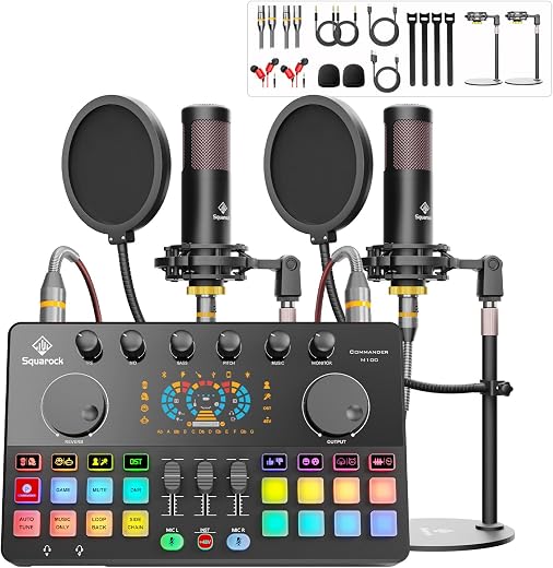 Podcast Equipment Bundle for 2 with Dual 48V XLR Condenser Micophones with Mic Pop Filters Audio Equipment for Live Stream...