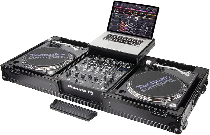 Mezclador de DJ de formato de 12" de perfil bajo negro y dos tocadiscos de posición de batalla Estuche de ataúd de vuelo con ruedas y plataforma deslizante