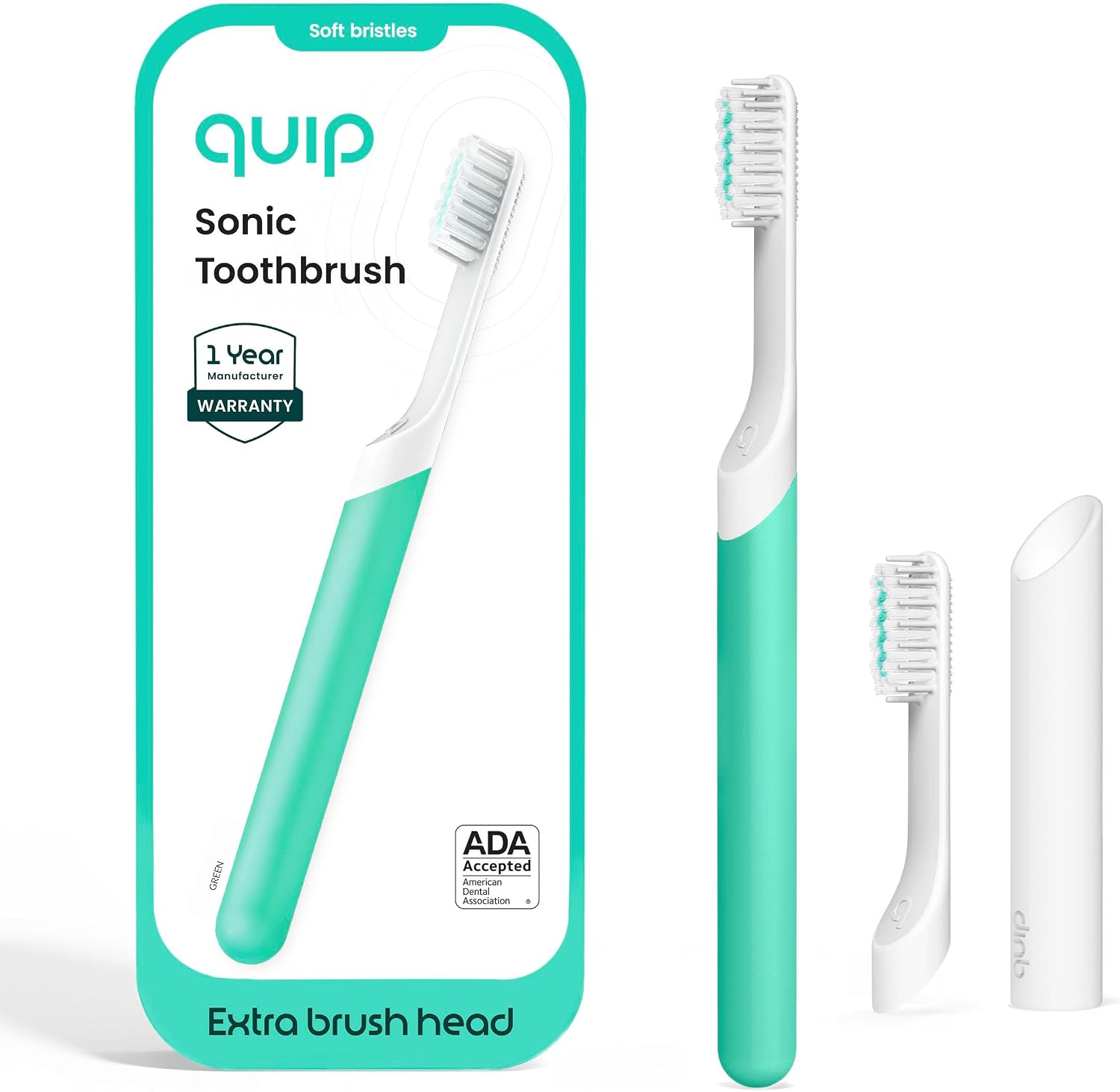Quip Sonic Electric Toothbrush for Adults, Extra Brush Head, Green