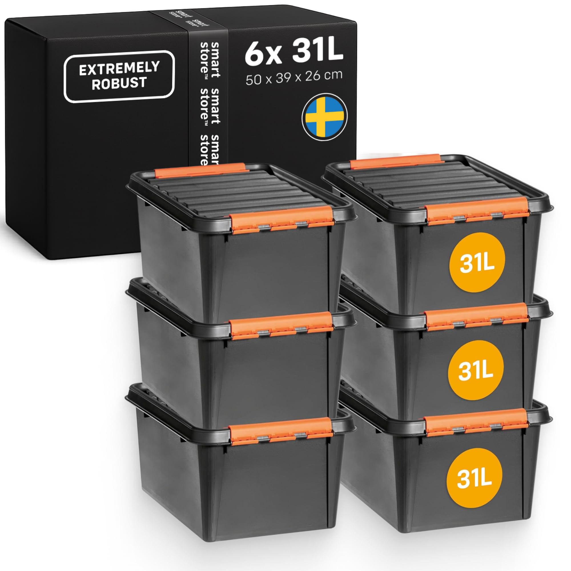 SmartStore extra-durable plastic storage boxes with lids | 31 L | 6-pack | Stackable bins with clip locks for tools, garage, or moving | BPA-free | 50 x 39 x 26 cm