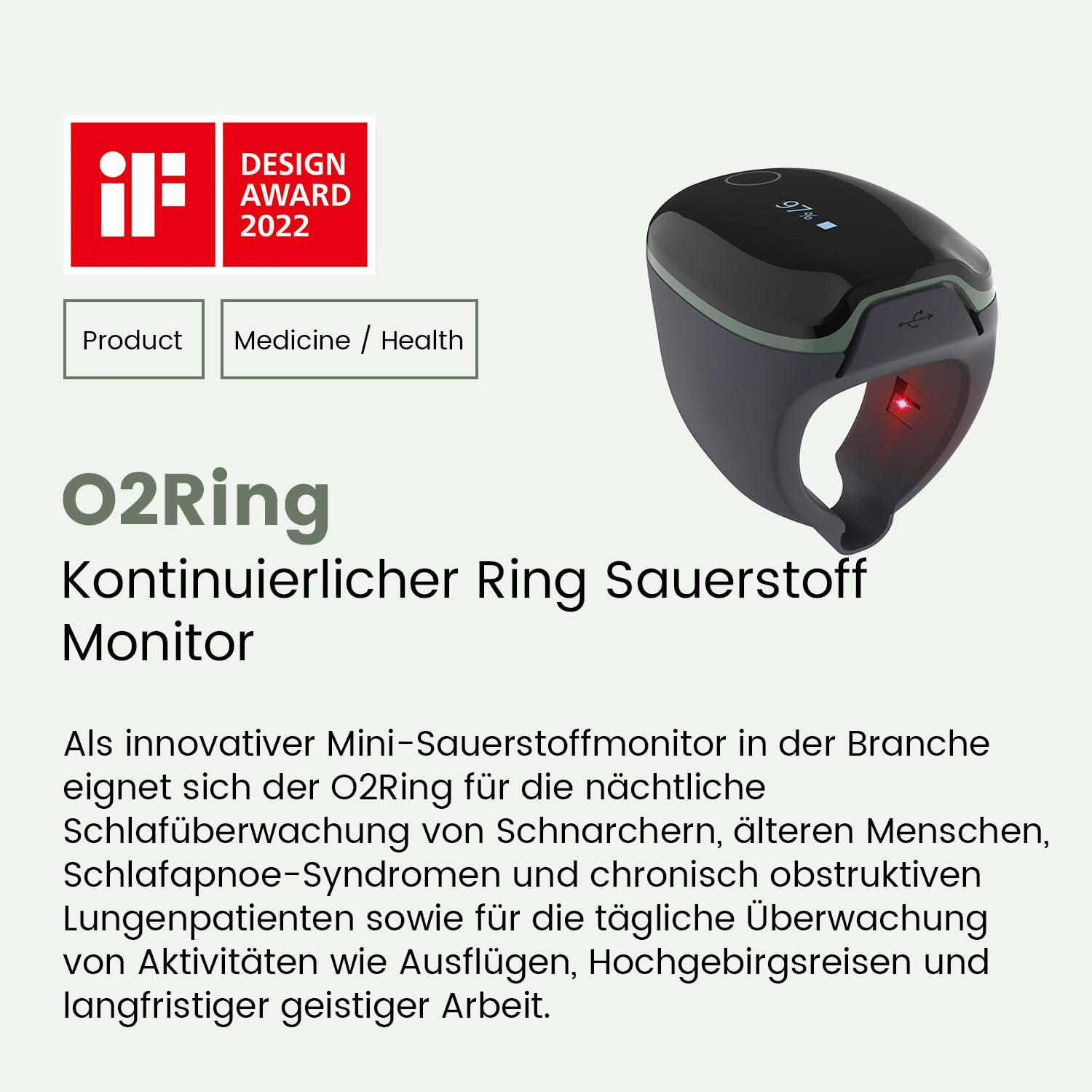 ViATOM O2ring Bluetooth Oximeter, Pulsoximeter Fingertip für kontinuierliche Überwachung nachts, Schlafoximeter zur Messung von SpO2 & Herzfrequenz (Erweiterte Funktionen)