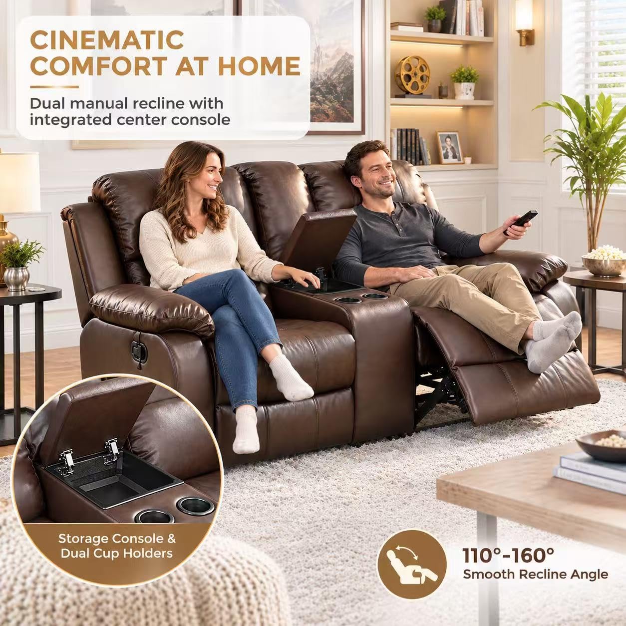 Toseslo Manual Recliner Loveseat Set, Living Room Furniture Sets, 2 Seater Modern Reclining Couches, Brown Leather Reclining Couch Sets with Storage Console/Cup Holder for Living Room/Apartment view 4