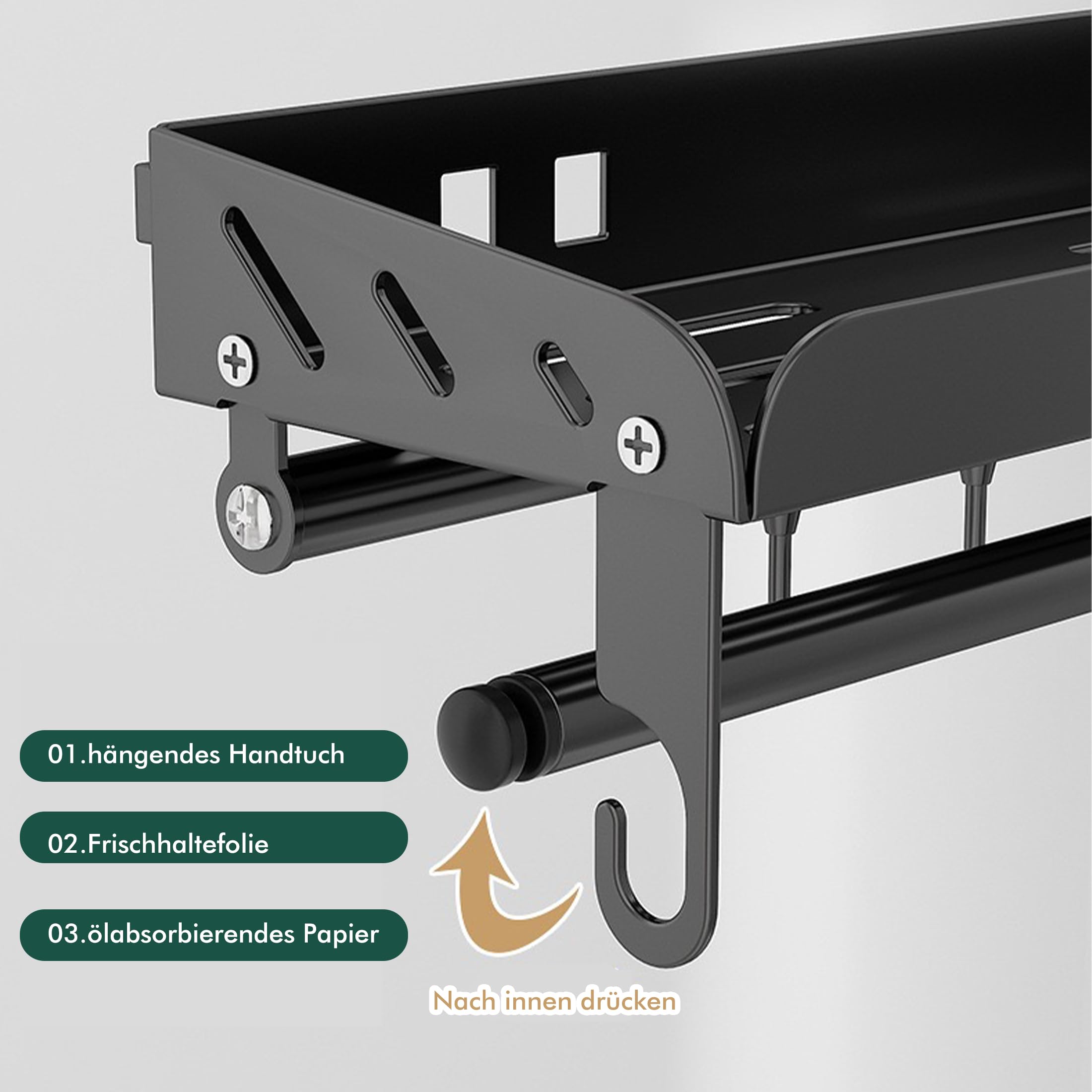 Gewürzregale Wand, Gewürzregal mit Küchenrollenhalter und 8 Haken, 40cm Gewürzregal Hängend, Küchenregal Ohne Bohren aus Edelstahl, Küchen Gewürzregale für Küchen und Bad Organizer, Schwarz(R05)