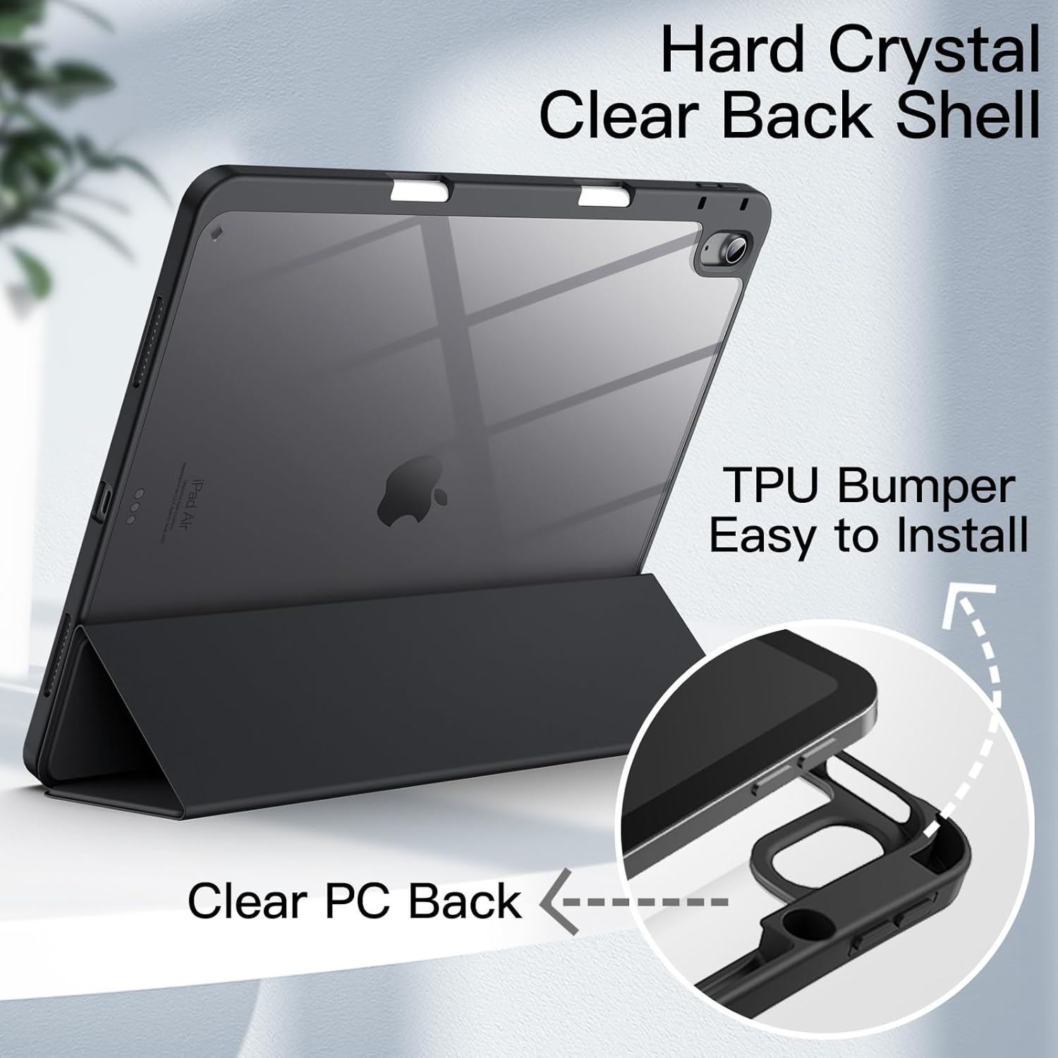 JETech Case for iPad Air 13-Inch M3/M2 (2025/2024) with Pencil Holder, Clear Transparent Back Shell Slim Stand Shockproof Tablet Cover, Auto Wake/Sleep (Black) - Image 3
