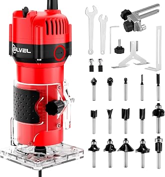 SILVEL Wood Router, 800W Wood Routers for Woodworking, 6.5Amp 1.25HP Hand Wood Router Tool, 30000R/MIN Compact Edge Trimmer with 15 1/4" Router Bit Set, Red