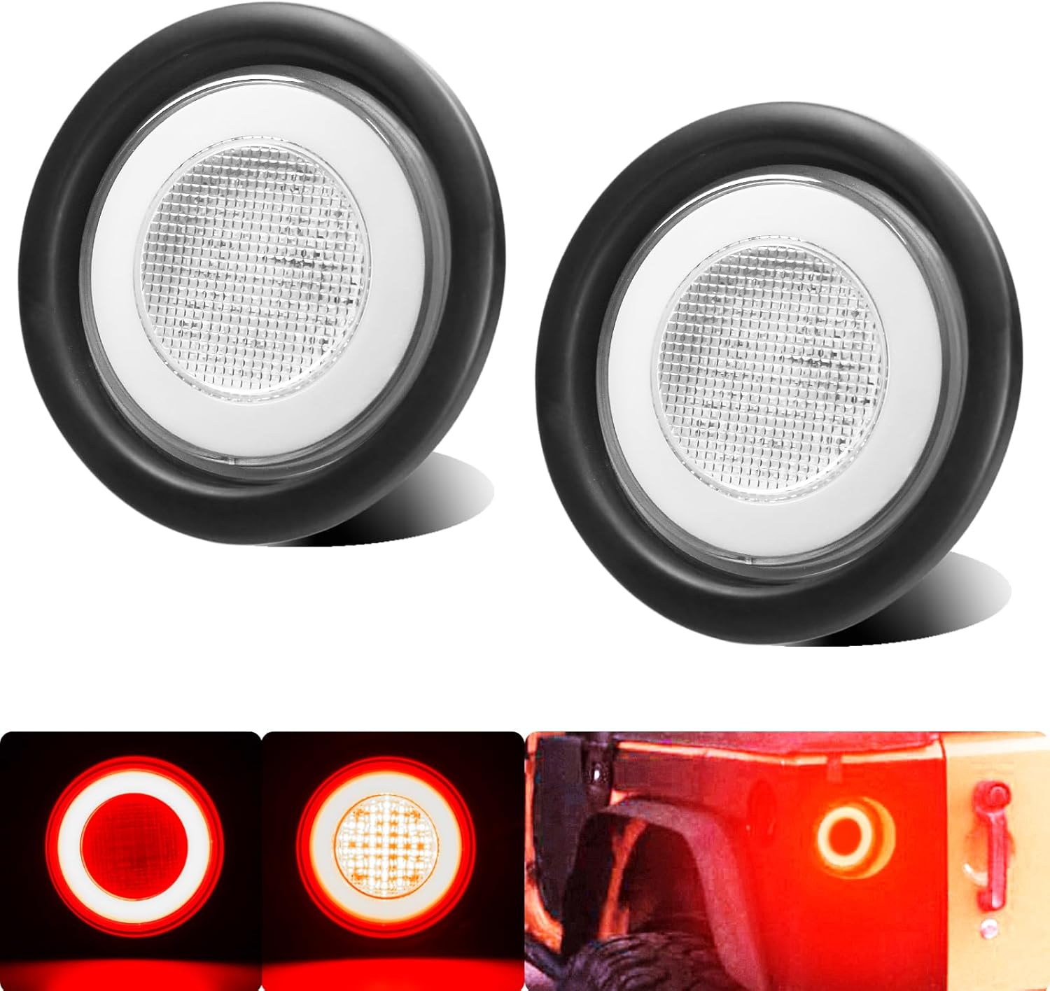 2pcs Clear Lens 4 inch Round Red 64 LEDs Trailer Trucks Halo Brake Stop Running Turn Signal Tail Lights w/Rubber Grommet Sealed Waterproof IP67 For RV/Van, DC 12V