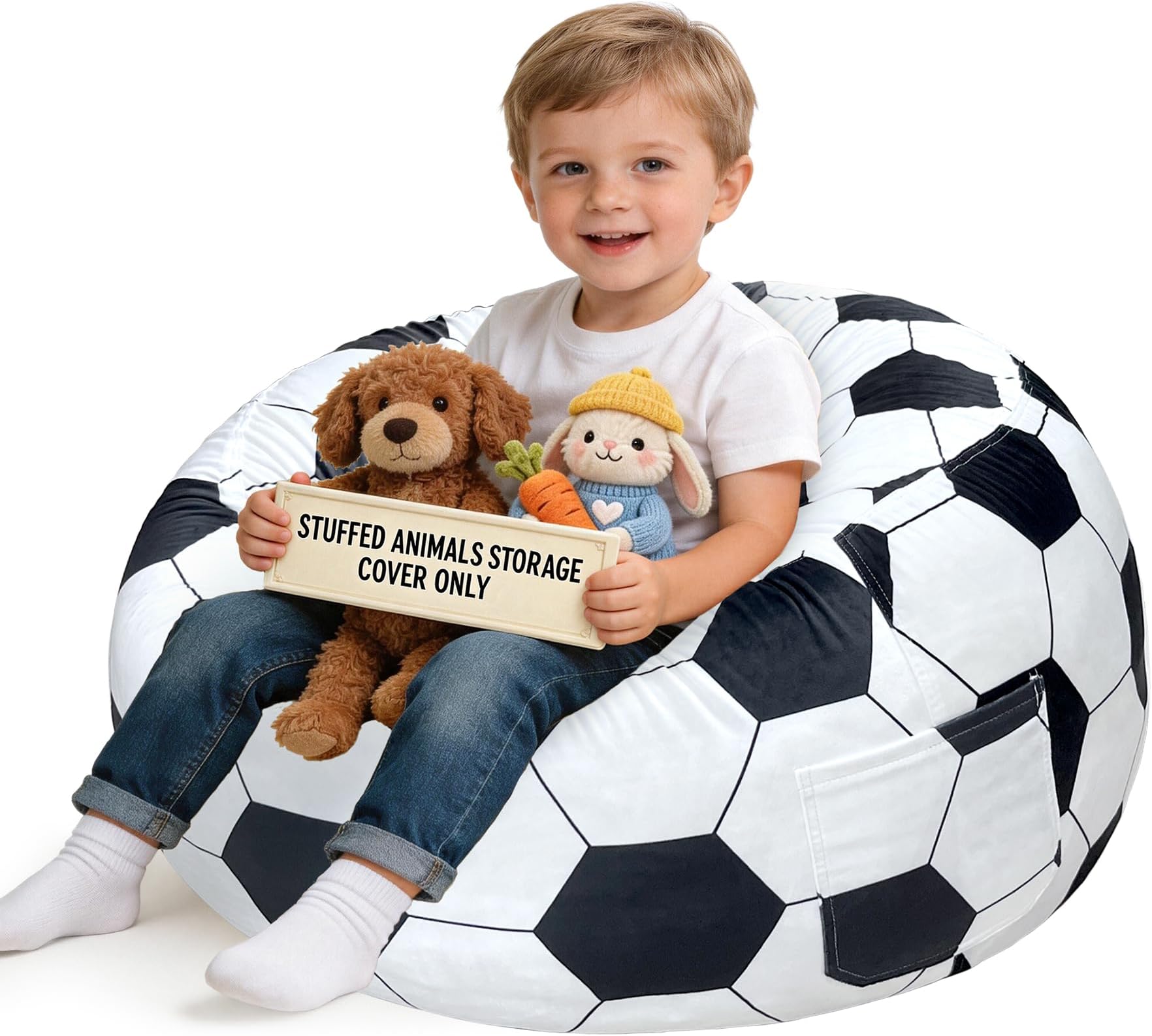 Lukeight Soccer Stuffed Animals Storage Bean Bag Chair Cover - Premium Velvet Organizer with YKK Zipper Holds 60+ Plush Toys, Washable Kids Room Decor (No Filling, Large)