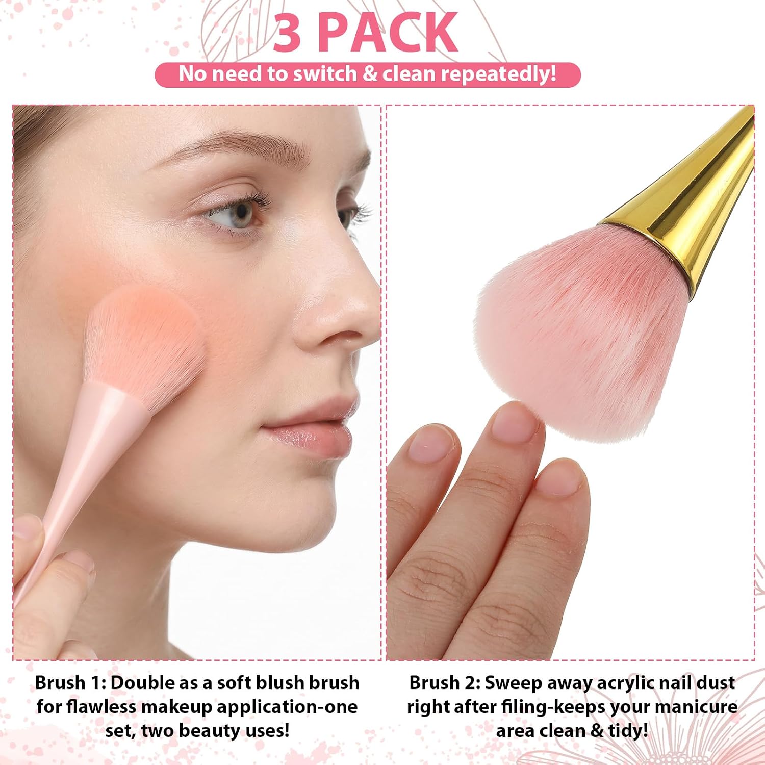 3 Pcs Nail Dust Brush, Large Dusting Nail Brushes Duster Soft Fluffy Dust, Makeup Brushes For Nails Makeup Blush Large Manicure Clean Up Brush