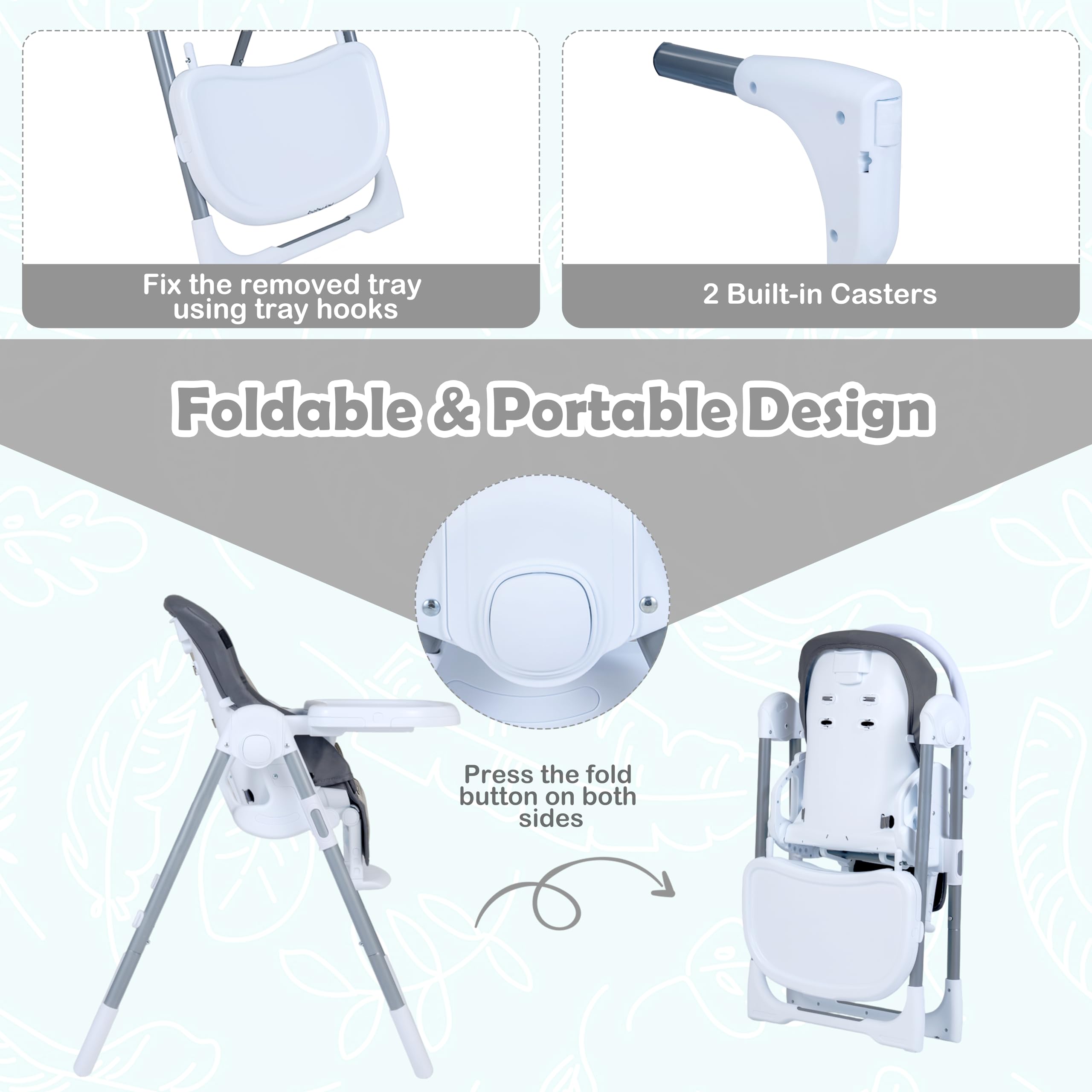 LIFEZEAL Trona Evolutiva para Niños de 6 a 36 Meses, Silla Alta Plegable Reclinable con Altura Ajustable, Cinturón de Seguridad de 5 Puntos, Doble Bandeja Extraíble y Ruedas (Gris oscuro)