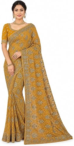 Women's Mustard Embroidered Net Saree with Unstitched Blouse | Huldee Georgette Saree
