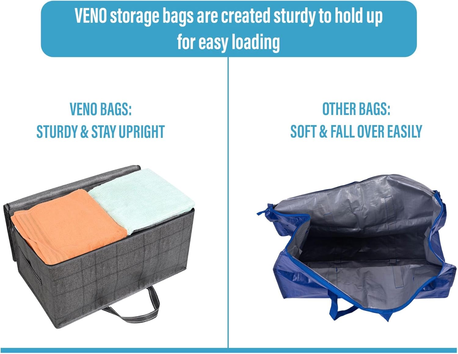 VENO 8 Pack Extra Large Heavy Duty Moving Bags with Wide Opening & Reinforced Handles, Reusable Storage Tote Bags with Strong Zippers for Clothes, College Dorm Essentials & Moving Supplies - Image 6