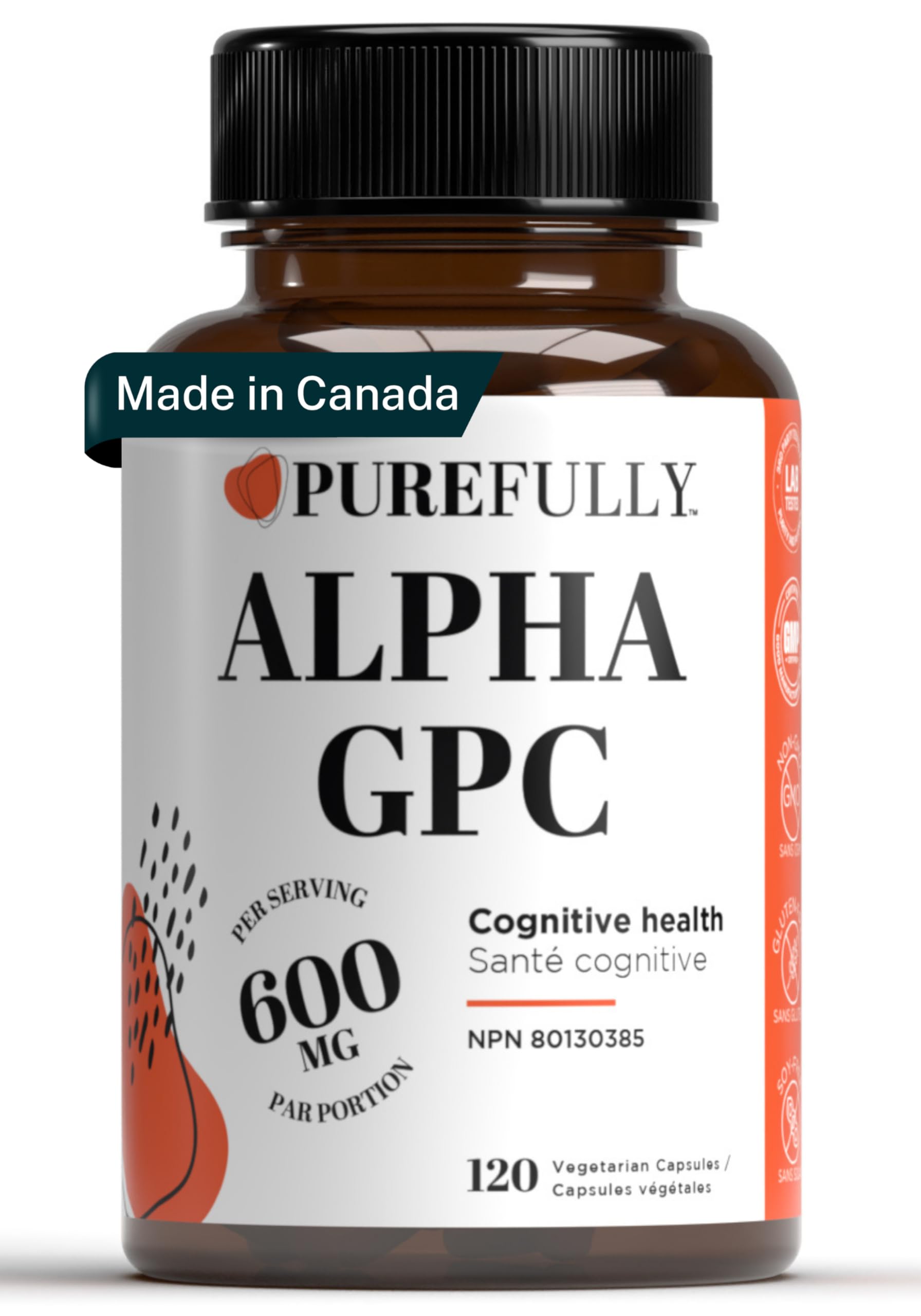PUREFULLY Alpha GPC Choline Supplement - 120 Capsules, 600mg per Serving – Superior Cognitive Support for Focus, Memory and Brain Health - (Made in Canada)