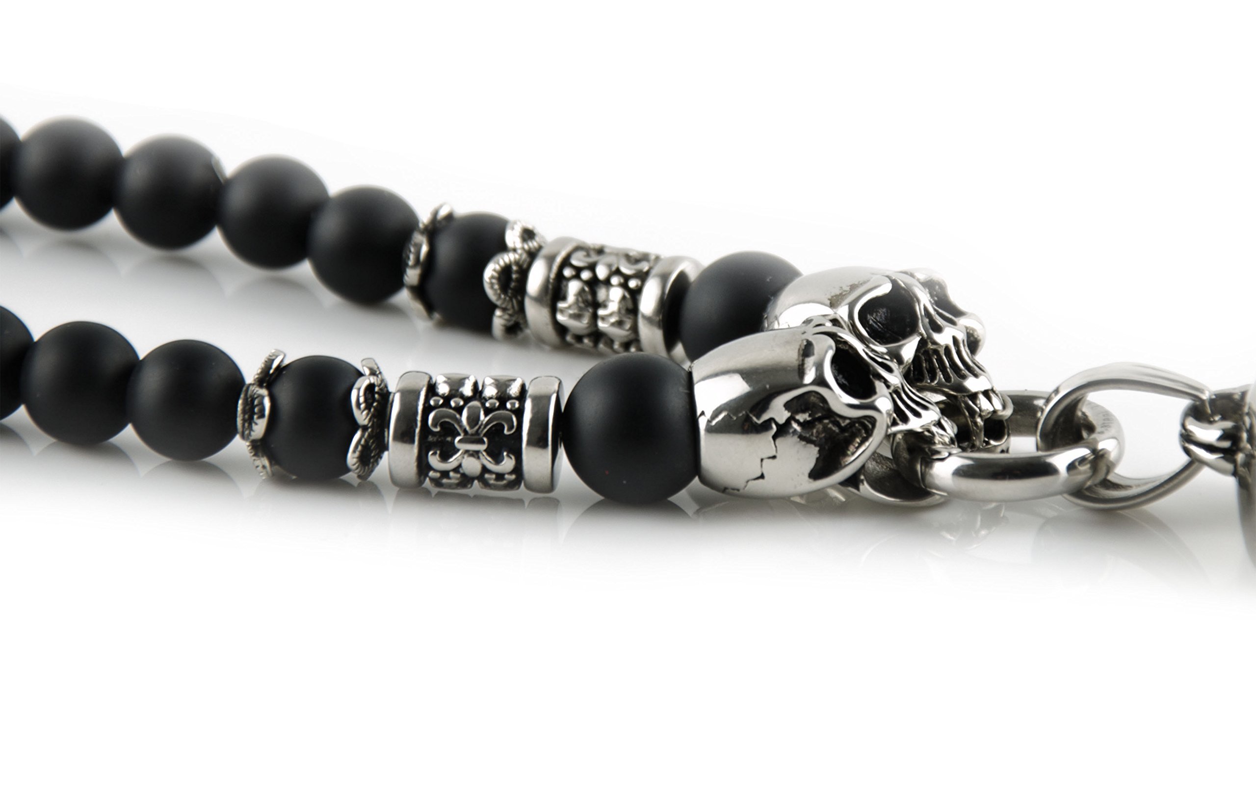 Herren Männer Hals Perlenkette aus Onyx mit Totenkopf Edelstahl Beads Anhänger Biker Handmade Geschenke