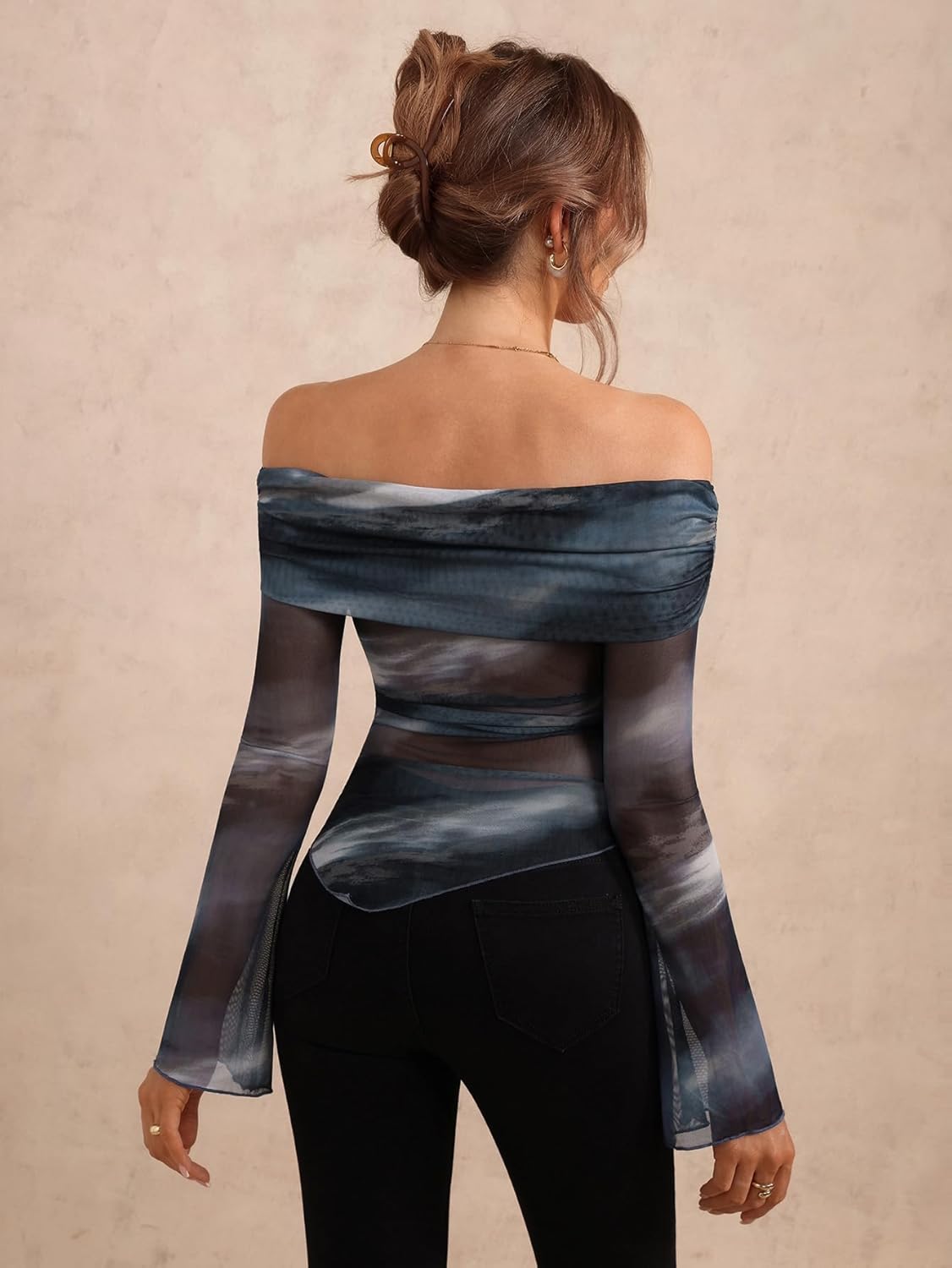 Women's Off The Shoulder Tie Dye T Shirt Long Sleeve Ruched Asymmetrical Going Out Tops - Image 2