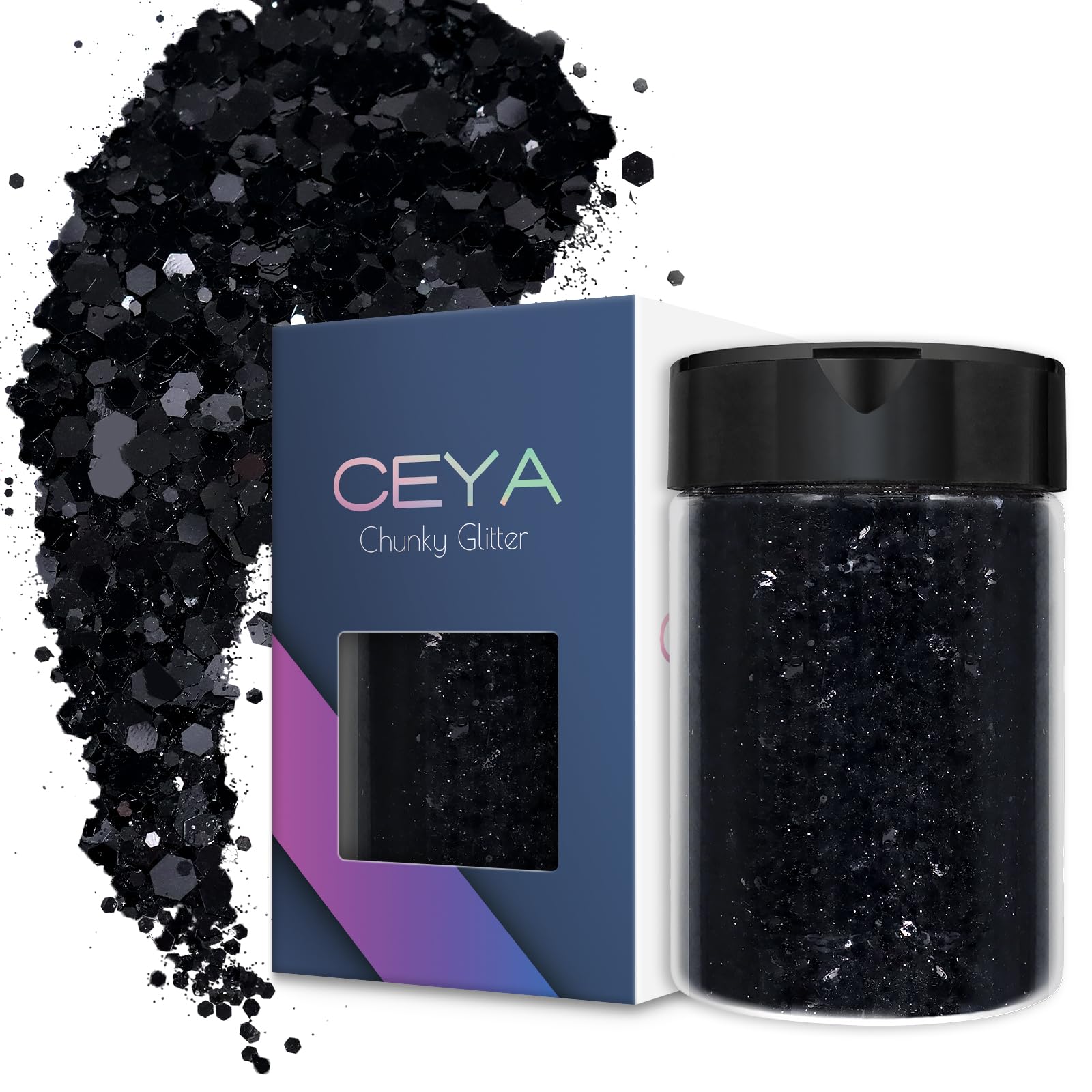 Ceya Chunky Glitter, 4.9oz/ 140g Black Craft Glitter Powder Mixed Fine Flakes Iridescent Nail Sequins for Nail Art, Hair, Epoxy Resin, Tumblers, Slime, Painting, Festival Decor