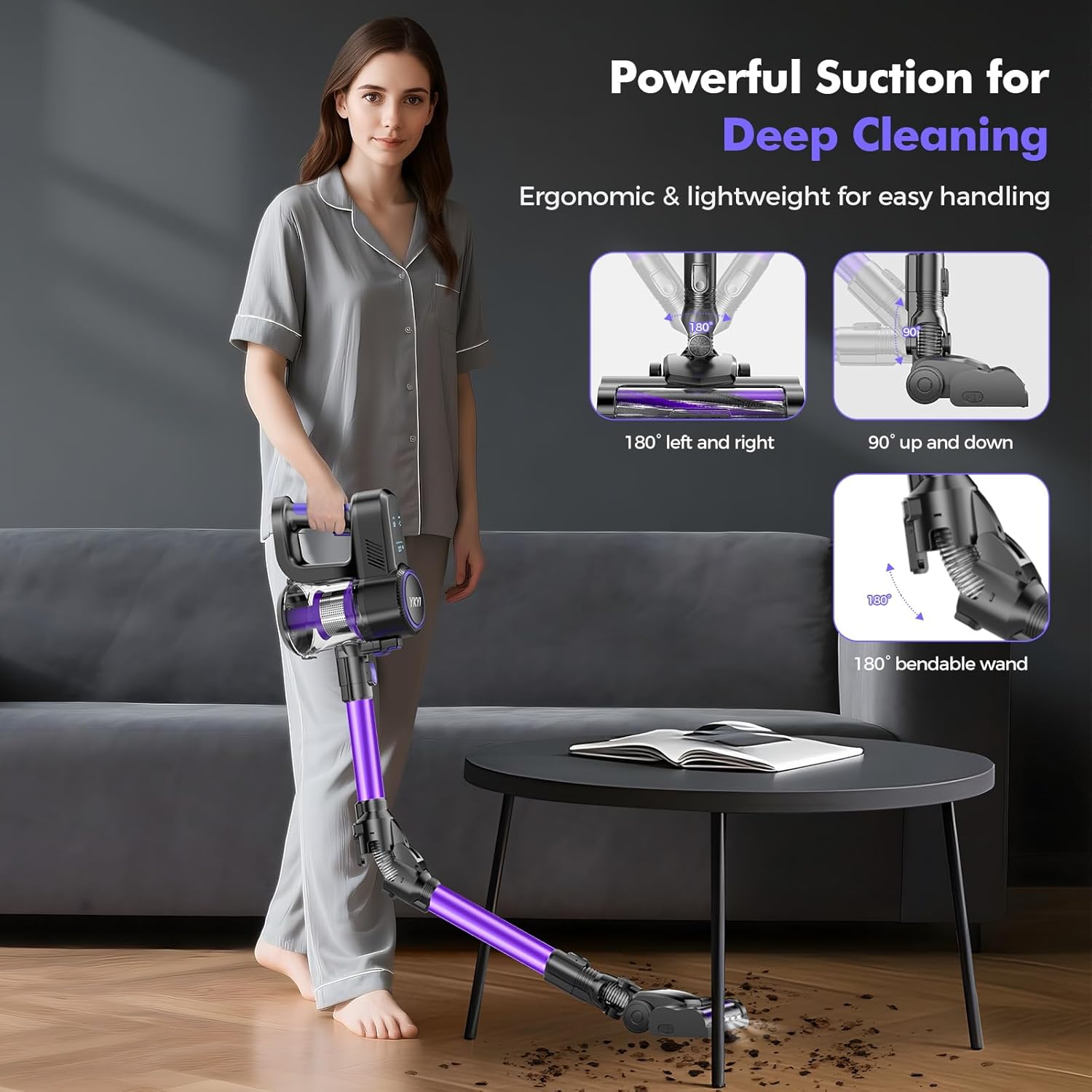 YKYI Cordless Vacuum Cleaner, 40KPa Suction 450W Motor with 2 Modes, 50-Min Runtime & Foldable Design, Cordless Stick Vacuum with LED Display for Home Hard Floors/Pet Hair(Royal Purple) - Image 2