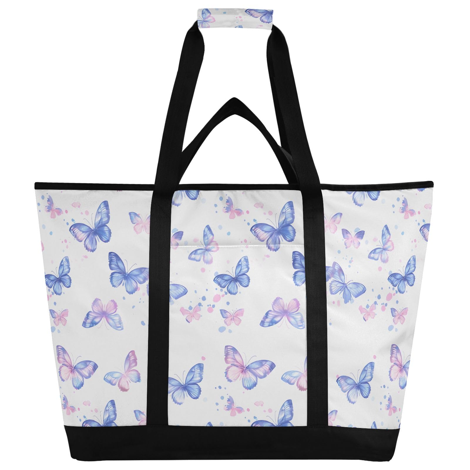 Borsa termica termica con stampa di farfalle, viola, riutilizzabile, con cerniera, grande, per viaggi o campeggio