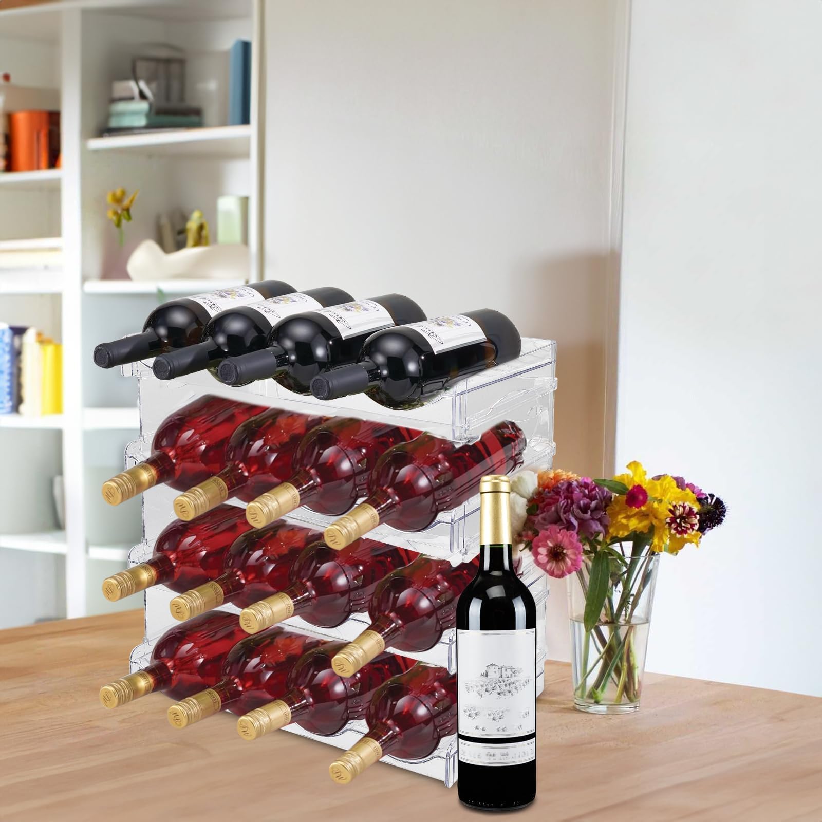 4 Pièces Range Bouteille Frigo Empilable Porte Support Rangement Bouteille Vin Eau Vertical Casier à Bouteilles Plastique Contenir Jusqu'à 16 Bouteillespour Comptoirs de Cuisine Armoire Réfrigérateur