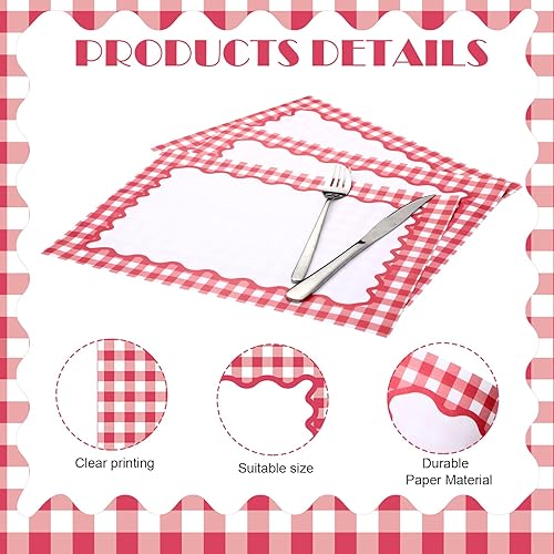 Miniatura 3 de 50 manteles individuales desechables de papel de guinga rojo para verano, picnic, barbacoa, doble cara para baby showers, bodas, cumpleaños, fiestas