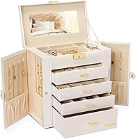 Homde Large Faux Leather Jewelry Organizer Box: Mirrored Watch Storage, 16 Necklace Hooks, 4 Drawers, Lockable Case (White Gold)