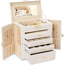 Homde Synthetic Leather Huge Jewelry Box Mirrored Watch Organizer Necklace Ring Earring Storage Lockable Gift Case (White + Gold)