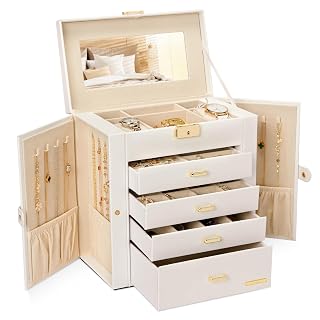 Homde Synthetic Leather Huge Jewelry Box Mirrored Watch Organizer Necklace Ring Earring Storage Lockable Gift Case (White + Gold) - Amazon product rated Grade A