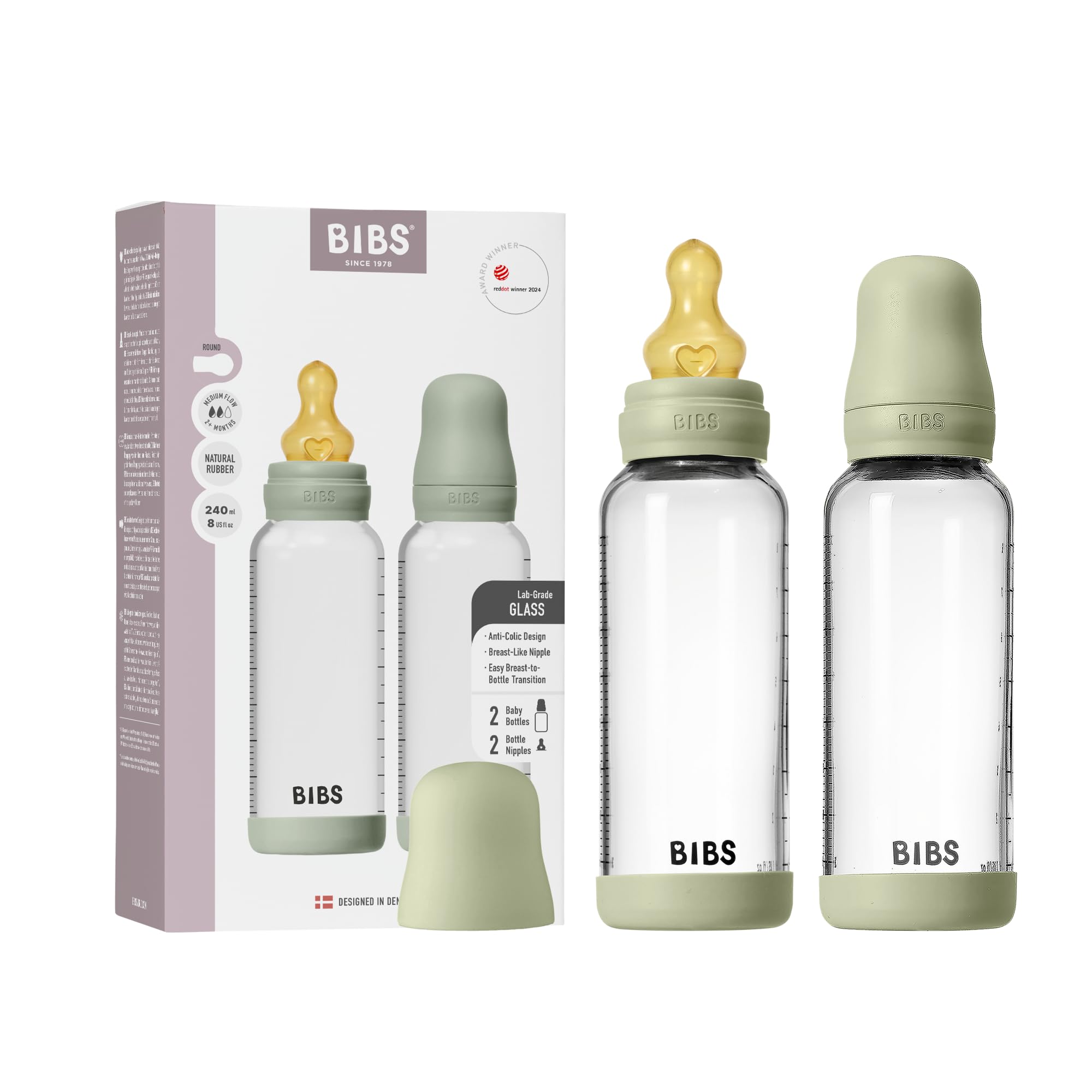 Biberon in vetro BIBS. Anti-coliche. Set di 2. Tettarella rotonda in lattice di gomma naturale. Favorisce l'allattamento naturale al seno, Complete Set - 240 ml (Pack of 2), Sage