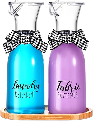 ZZM Dispensador de detergente para ropa de 40 onzas con bandeja de bambú, dispensador de jabón para ropa para suavizante de tela, cuentas