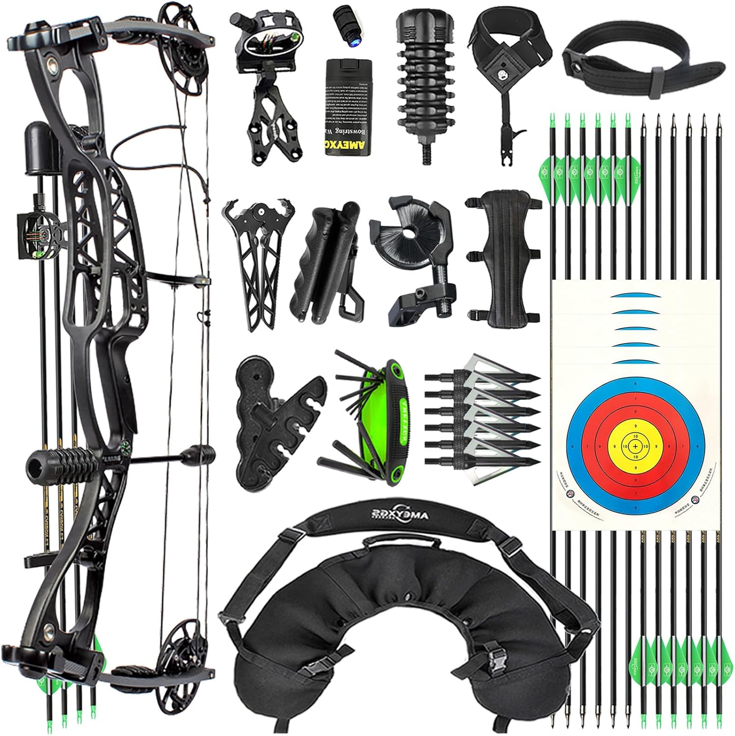 Bow Composite Bow Set, 18" - 30" Drawing, 0.0-70 lbs, with All Accessories for Archery Hunting Target Shooting Practice RTH (Black)