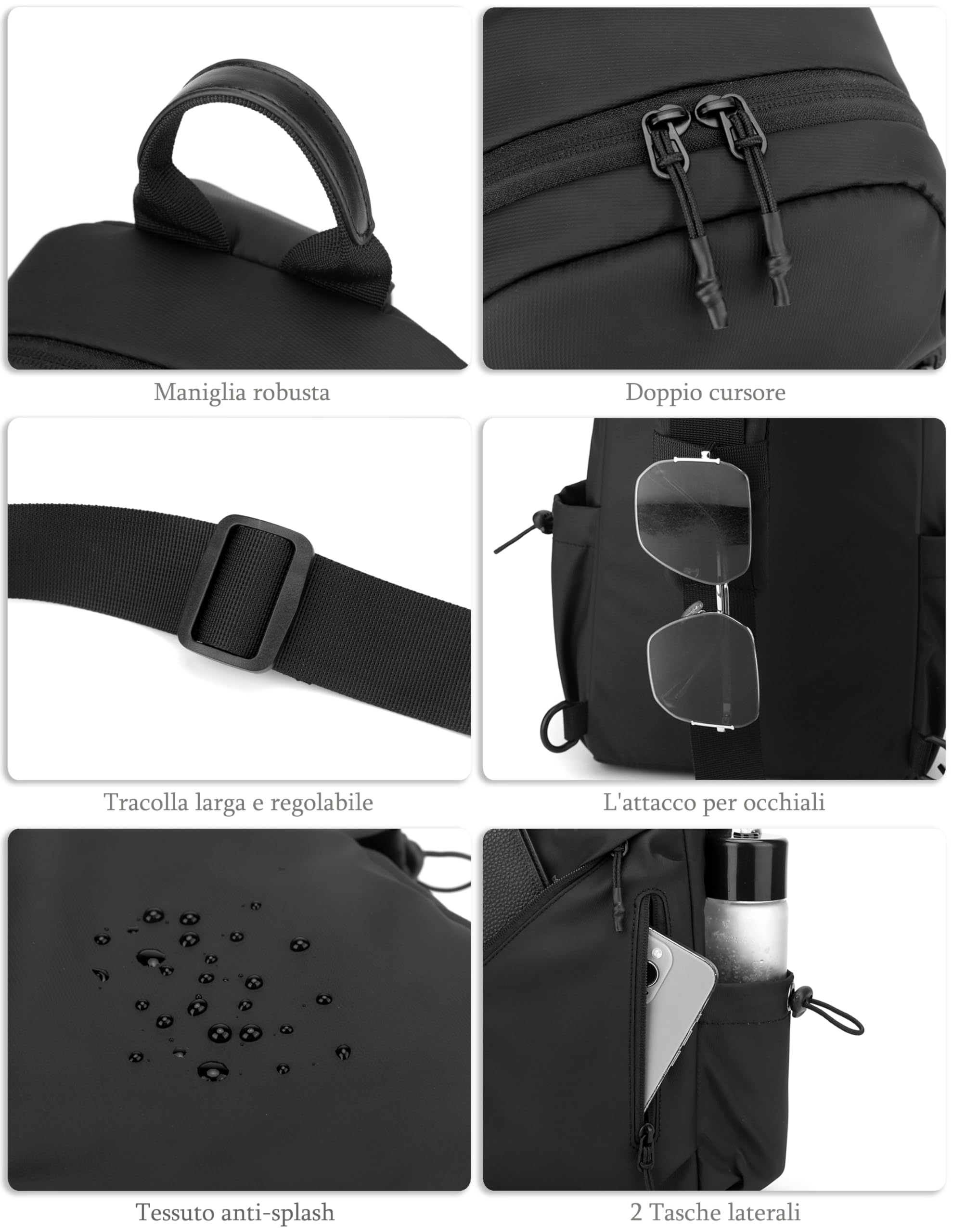 Zaino Monospalla Zainetto Borsa piccola a Tracolla Regolabile in membrana PU Borsello Porta Tablet Crossbody Bag per Uomo (Nero)