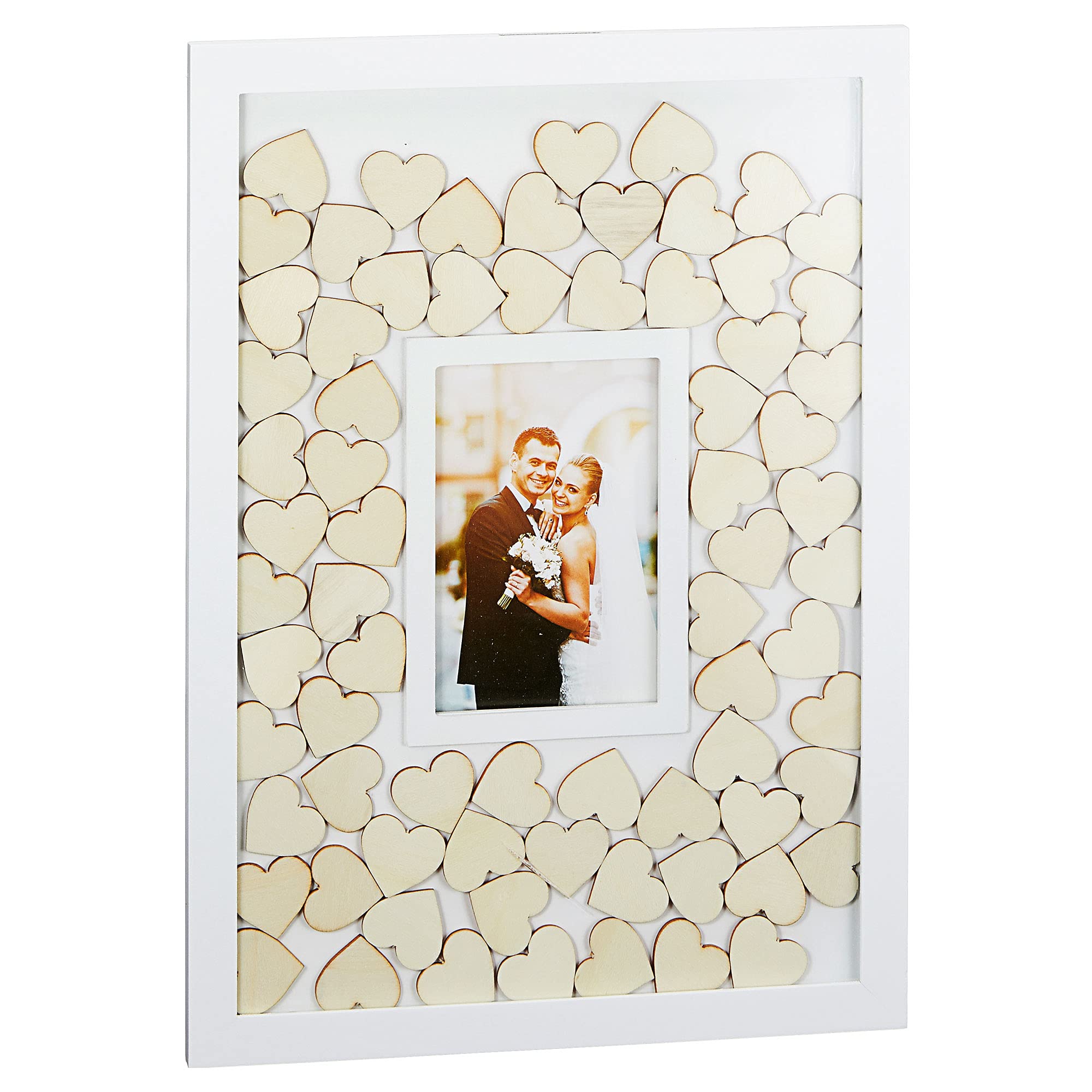Cadre Livre D'Or Mariage Cœurs Bois Inscriptibles – 42 Cœurs + Photo 10x15 Cm, Décoration Et Souvenir Émouvant 38x28 Cm