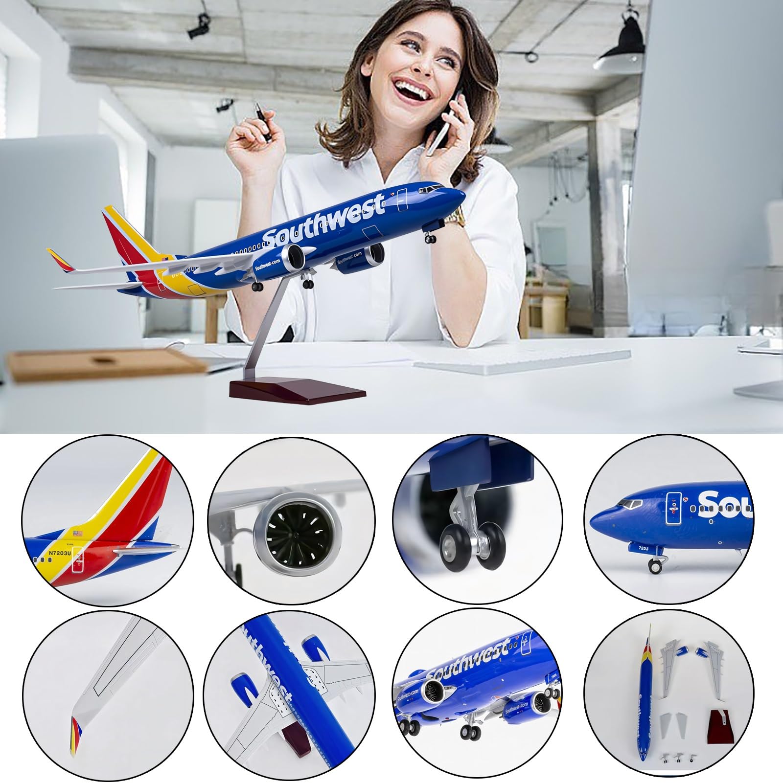 Modello simulazione lega solida Southwest Airlines B737 47 cm con carrello atterraggio retrattile, ruote girevoli luci, pezzo collezione for appassionati aviazione(No light)