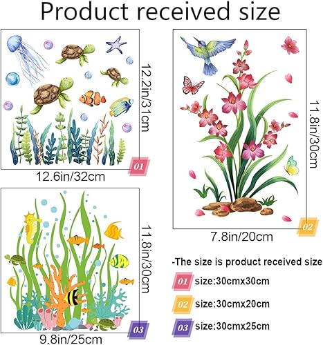 Miniatura 2 de 3 calcomanías para inodoro de algas marinas y tortugas marinas, calcomanías para tapa de inodoro de vid de flores, calcomanías de bricolaje