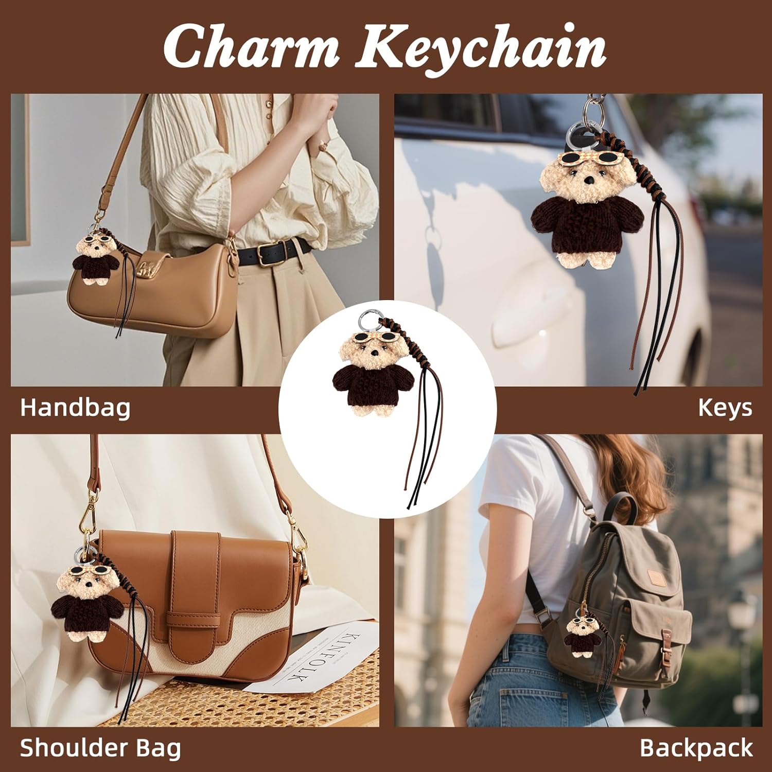PLwelth Plush Bear Bag Charms for Handbags Cute Keychain with Leather Rope Kawaii Animal Keyring for Handbag Purse Backpack Keys Cartoon Bear Stuff Charm Accessories Birthday Christmas Gifts for Women - Image 2