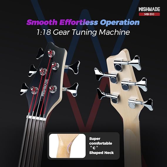 WishMade Fretless Travel Electric 5 String Bass Guitar Portable Short Scale Small Bass Guitars with Gigbag Maple Neck (Chameleon)